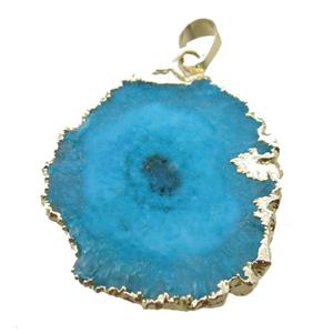 blue Solar Quartz Druzy slab pendant, freeform, gold plated, approx 25-40mm