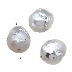 natural pearl beads, round, silver plated, approx 12-16mm