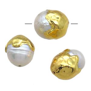natural pearl beads, round, gold plated, approx 12-16mm