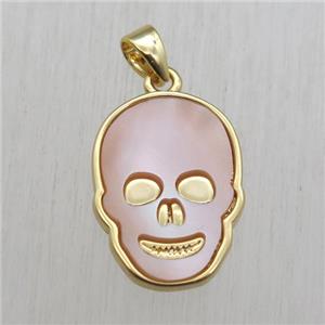 copper skull pendant with white queen shell, gold plated, approx 12-17mm
