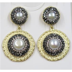 white freshwater Pearl earring pave rhinestone, alloy, gold plated, approx 25mm dia, 14mm dia