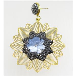 shell earring paved yellow rhinestone, copper, approx 42mm dia