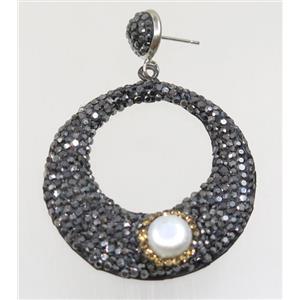 resin earring paved rhinestone with pearl, approx 40mm dia