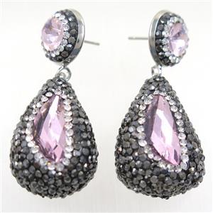 pink Chinese Crystal Glass Earring pave rhinestone, approx 20-30mm, 14mm dia