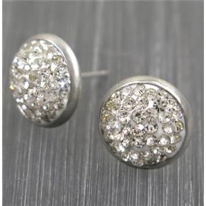 resin earring studs paved white rhinestone, approx 12mm dia