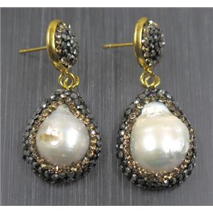 freshwater Pearl earring paved rhinestone, approx 15-22mm