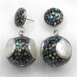 white Pearl Earrings paved abalone shell, round, approx 13mm, 20mm