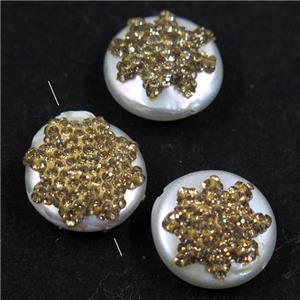 freshwater pearl beads paved yellow rhinestone, coin round, approx 18mm dia