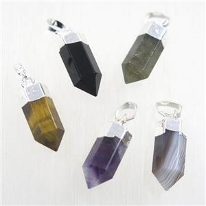 mix gemstone bullet pendant, silver plated, approx 6.5-17mm