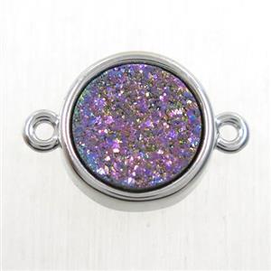 rainbow Druzy Agate connector, flat-round, platinum plated, approx 12mm dia
