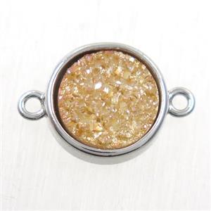 golden champagne Druzy Agate connector, flat-round, platinum plated, approx 12mm dia