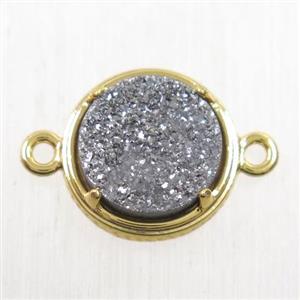 silver Druzy Agate connector, flat-round, gold plated, approx 12mm dia