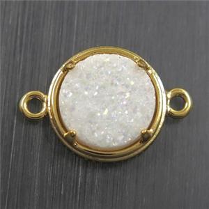 white AB-color Druzy Agate connector, flat-round, gold plated, approx 12mm dia
