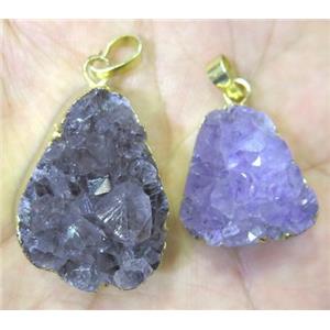 Amethyst druzy pendant, freeform, gold plated, approx 10-25mm