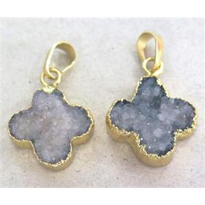 druzy quartz pendant, four-leaf clover, gold plated, approx 14x14mm