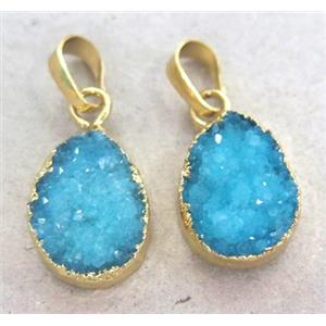 druzy quartz pendant, teardrop, gold plated, approx 12x16mm
