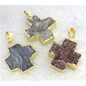 solar Agate Druzy cross pendant, gold plated, approx 25x25mm