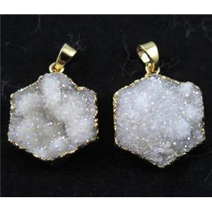 druzy quartz pendant, hexagon, white AB-color, gold plated, approx 20-30mm