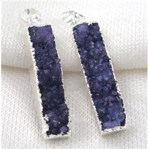 purple druzy quartz pendant, rectangle, silver plated, approx 10-40mm