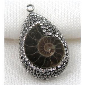 Ammonite Fossil pendant paved rhinestone, teardrop, approx 20-30mm