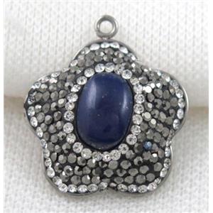 Lapis Lazuli pendant paved rhinestone, plum blossom, approx 25mm dia