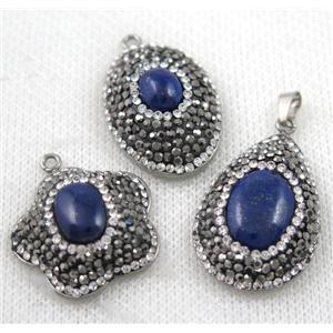 Lapis Lazuli pendant paved rhinestone, mix shape, approx 20-30mm
