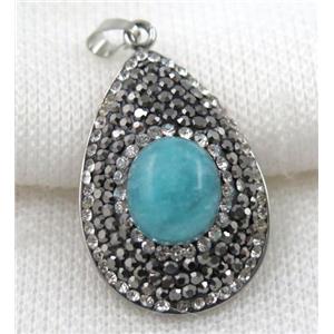 Amazonite pendant paved rhinestone, teardrop, approx 20x30mm