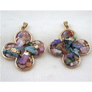 Fluorite pendant, four-leaf clover, copper, gold plated, approx 35-40mm