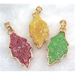 druzy resin pendant, leaf, gold plated, approx 20-35mm