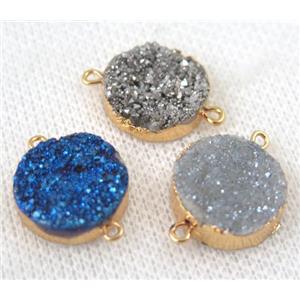 druzy quartz connector, mix color, flat round, gold plated, approx 16mm dia