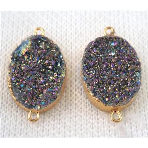 rainbow druzy quartz connector, oval, gold plated, approx 15x20mm