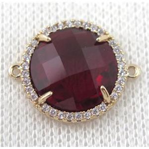 ruby crystal glass flat-round connector paved zircon, gold plated, approx 18mm dia
