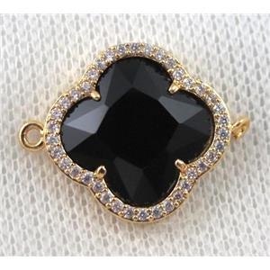 black crystal glass four-leaf Clover connector paved zircon, gold plated, approx 20mm dia