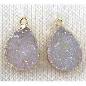 druzy agate pendant, white AB-color, teardrop, gold plated, approx 12x16mm