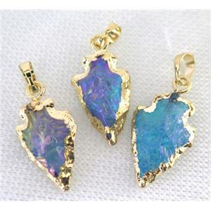 hammered Clear Quartz Arrowhead pendant, electroplated, mix color, approx 15-25mm