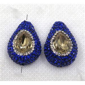 yellow crystal glass bead paved blue rhinestone, teardrop, approx 20-28mm