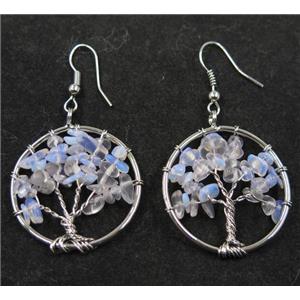 white opalite earring, tree of life, platinum, approx 30mm dia