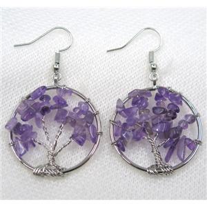 Tree of life earring with purple Amethyst chips, platinum, approx 30mm dia