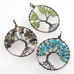Gemstone Chips Pendant Tree Of Life Wire Wrapped Circle Antique Red Mixed, approx 50mm dia
