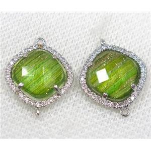 green crystal glass connector paved rhinestone, faceted square, platinum plated, approx 12x12mm