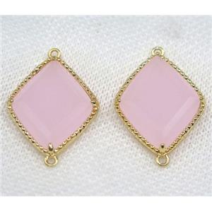 pink crystal glass rhombic connector, gold plated, approx 20x25mm