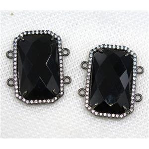 black crystal glass connector paved rhinestone, faceted rectangle, black plated, approx 15x25mm