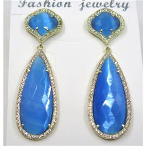 skyblue cat eye stone earring pave zircon, droplet, approx 13x13mm, 14x38mm
