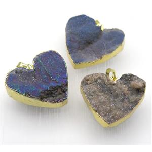 mix druzy quartz pendant, heart, gold plated, approx 40mm wide