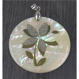 shell pendant paved druzy quartz, approx 45mm dia