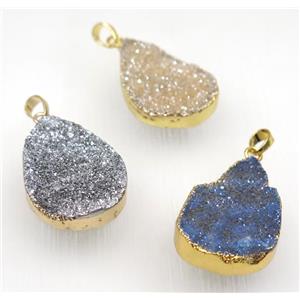 druzy quartz teardrop pendant, mix color, gold plated, approx 25-35mm