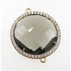 gray crystal glass connector pave zircon, faceted flat round, gold plated, approx 25mm dia