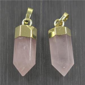 Rose Quartz bullet pendants, pink, gold plated, approx 6.5x17mm