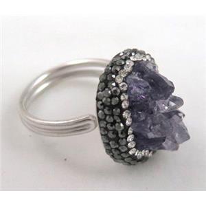 925 sterling silver ring paved amethyst rhinestone, approx 12-20mm
