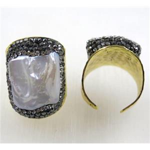 white freshwater pearl ring paved rhinestone, gold plated, approx 20mm, 20mm